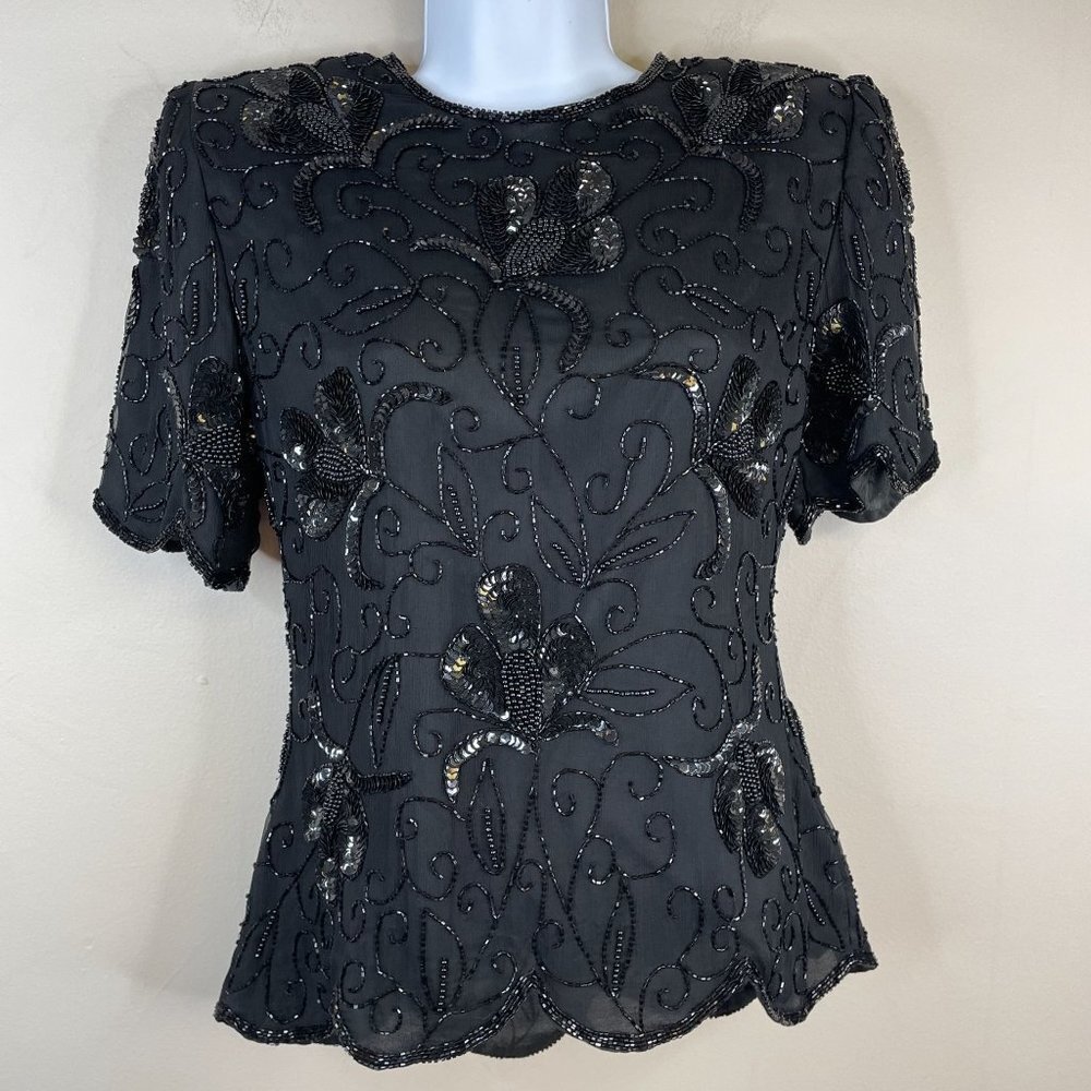 STENAY Womens BEADED Top S Black Short Sleeve SILK SEQUIN Holiday New Year's